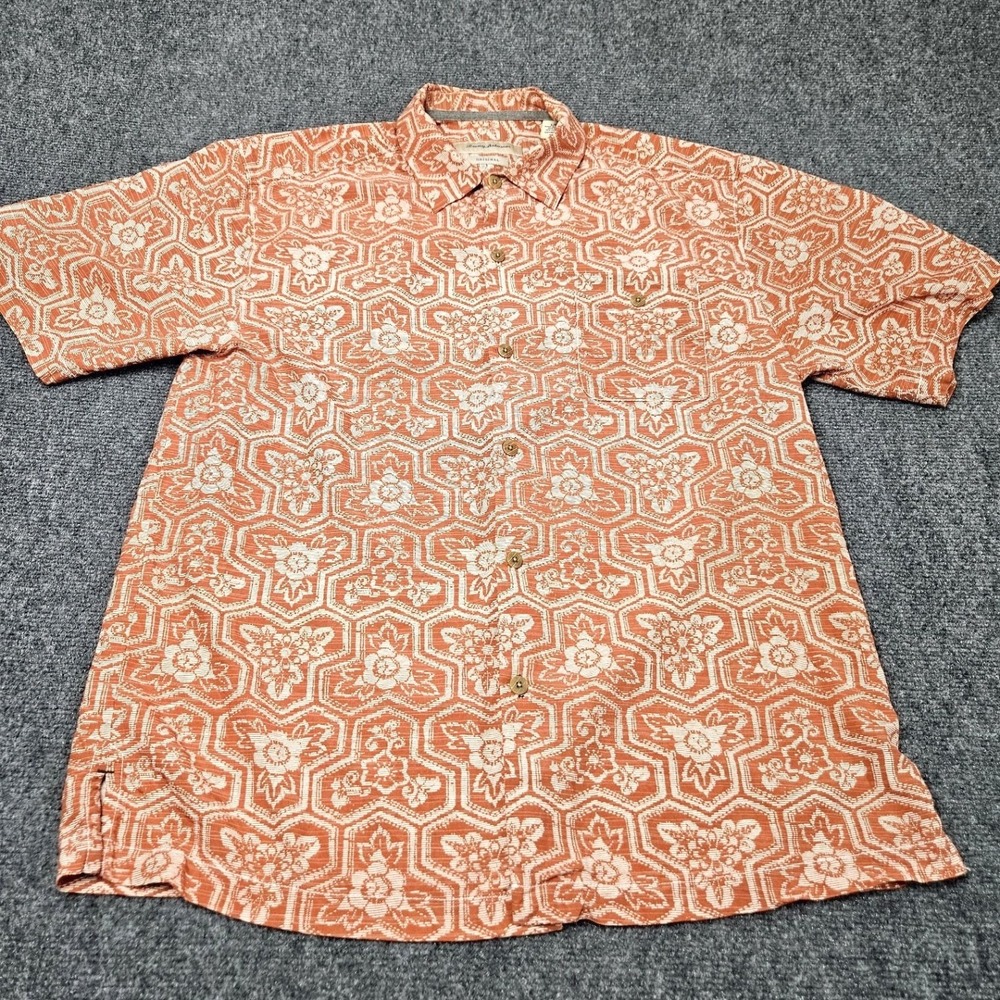 Tommy Bahama Button Up Shirt L Orange Floral‎ Geometric Silk Resort Hawaiian